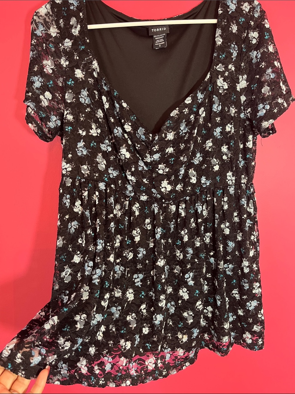 torrid Black Floral V-Neck Babydoll Top with Blue and White Flowers Lace Overlay
